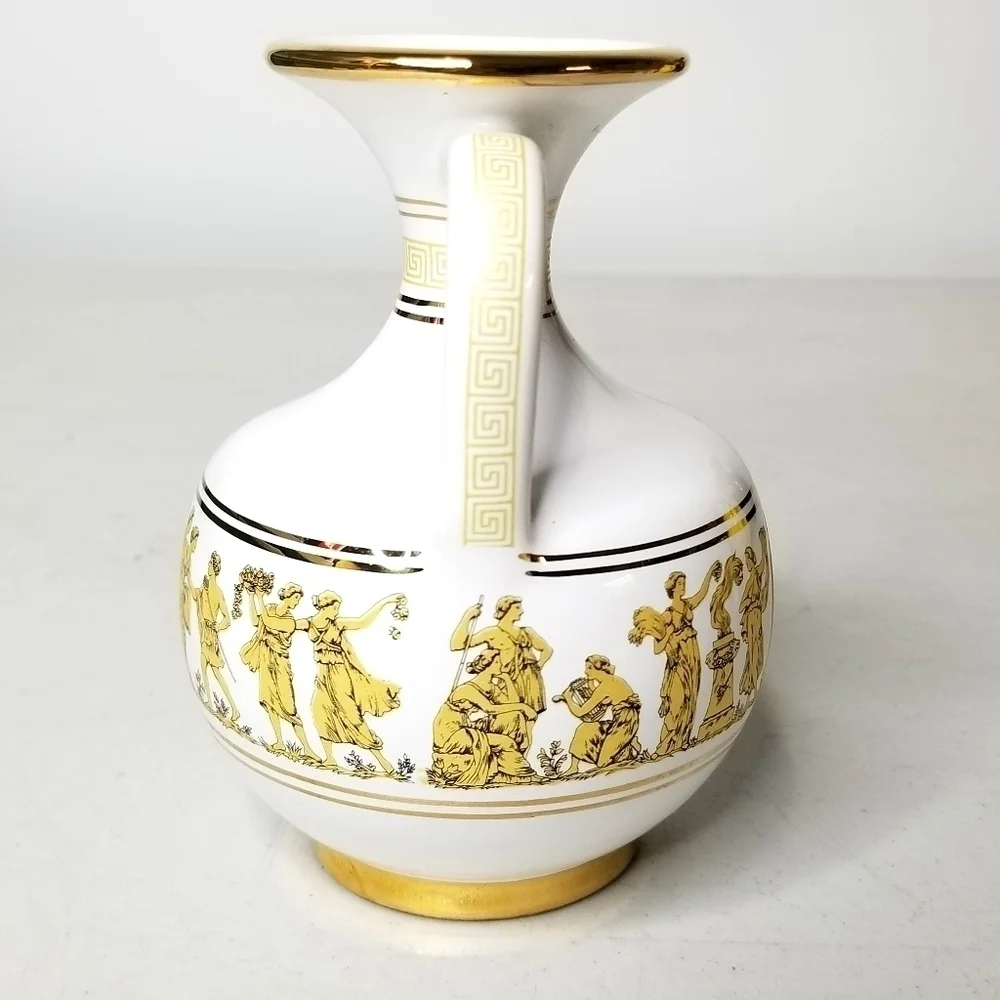 Vintage Neofitou Hand Made Hand Painted 24K Gold White Vase With Handles, Greece